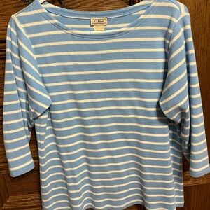 L L Bean light blue & white striped shirt, large, 3/4 length sleeves